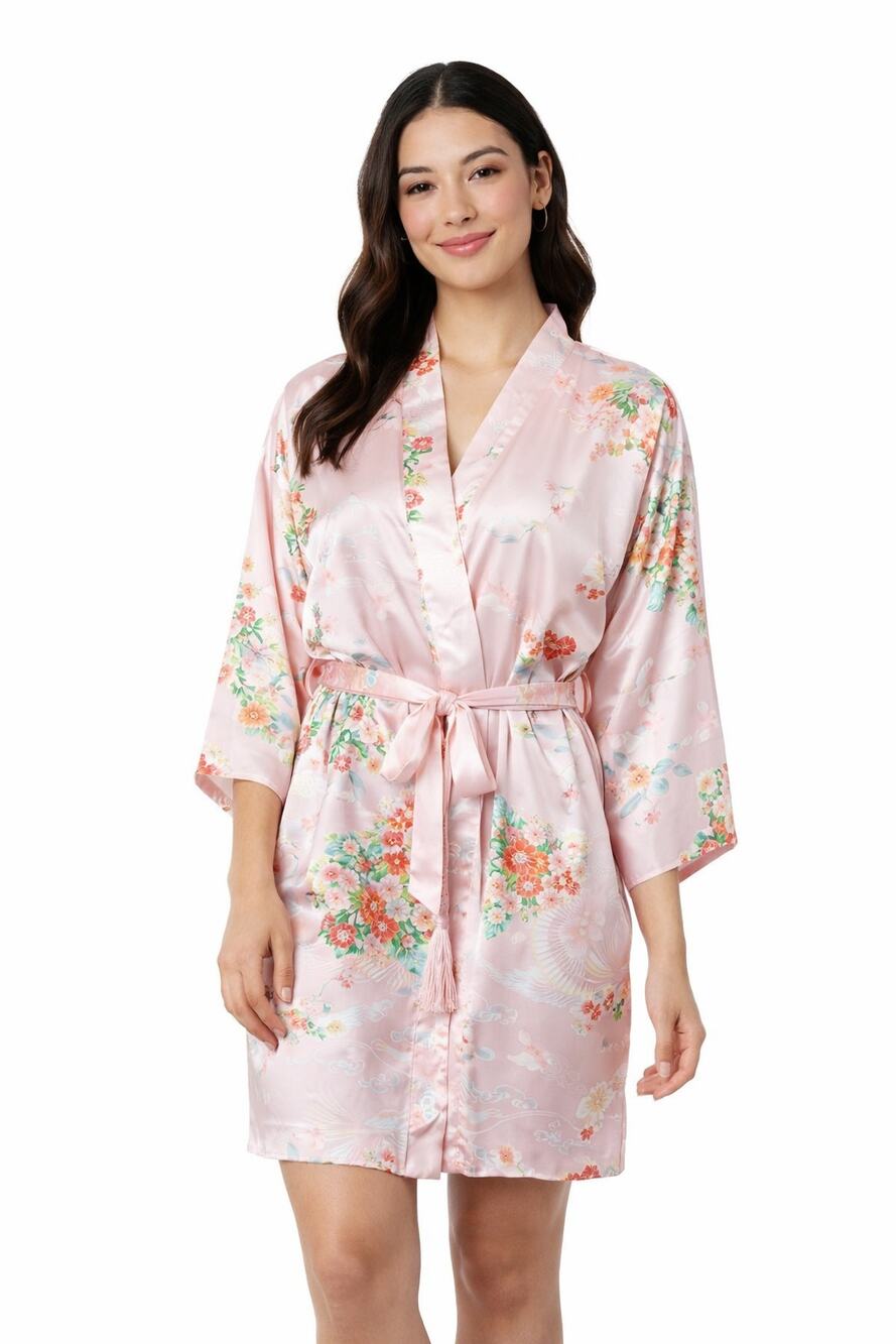 Ichiban Made In Japan Pink Floral Satin Kimono Robe Short Robe Belted